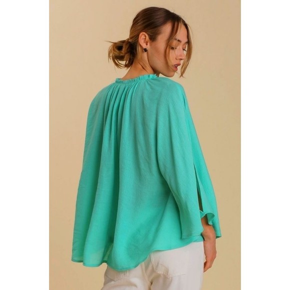 New Umgee S M L Aqua Semi-Sheer Textured Flowy Tie Front Top Cape Poncho Top - Picture 1 of 4